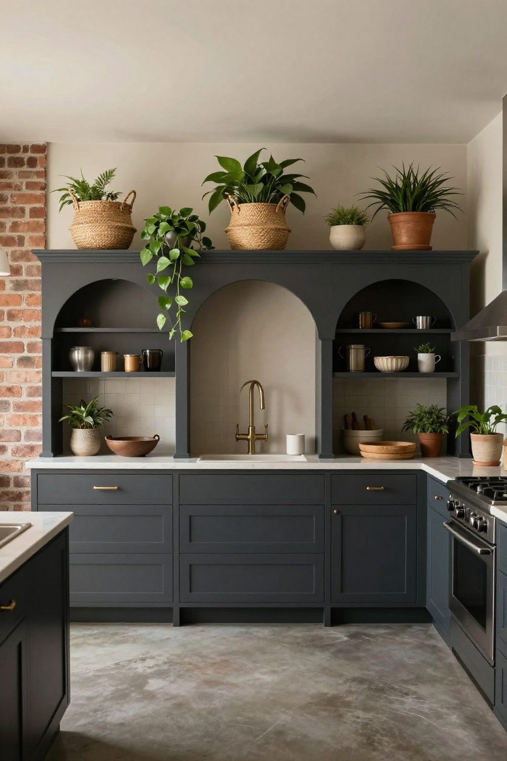 Wide view of a kitchen with tall plants and baskets on top of the cabinets in a rhythm