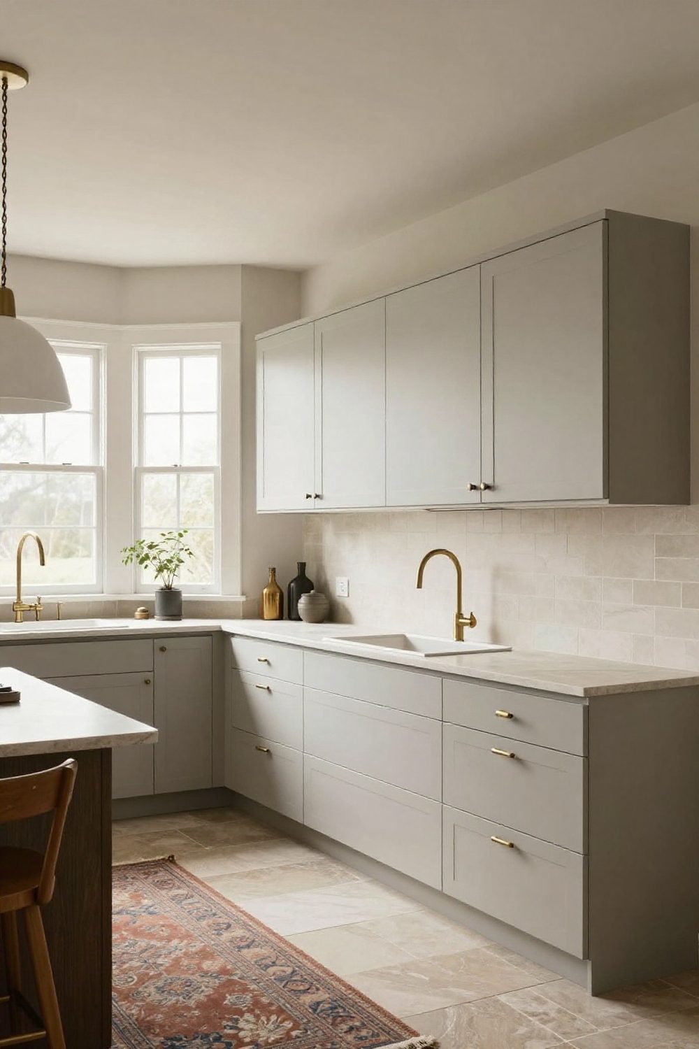 Clean kitchen cabinet tops left empty with a painted ceiling and a large pendant light