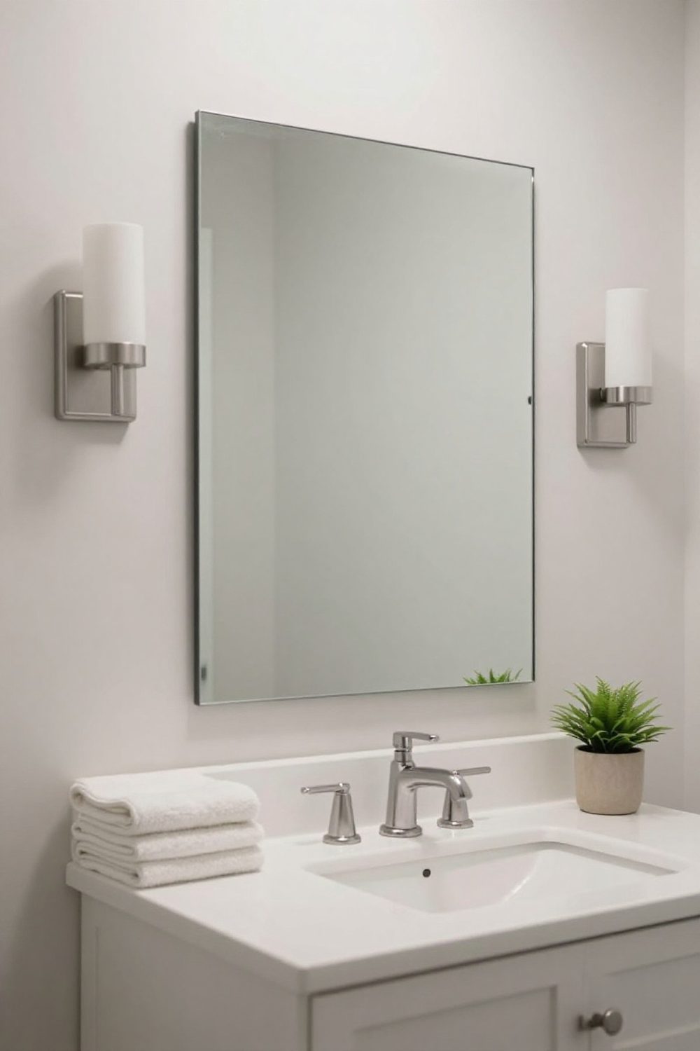 Bathroom vanity with wall sconces on both sides of the mirror at eye level