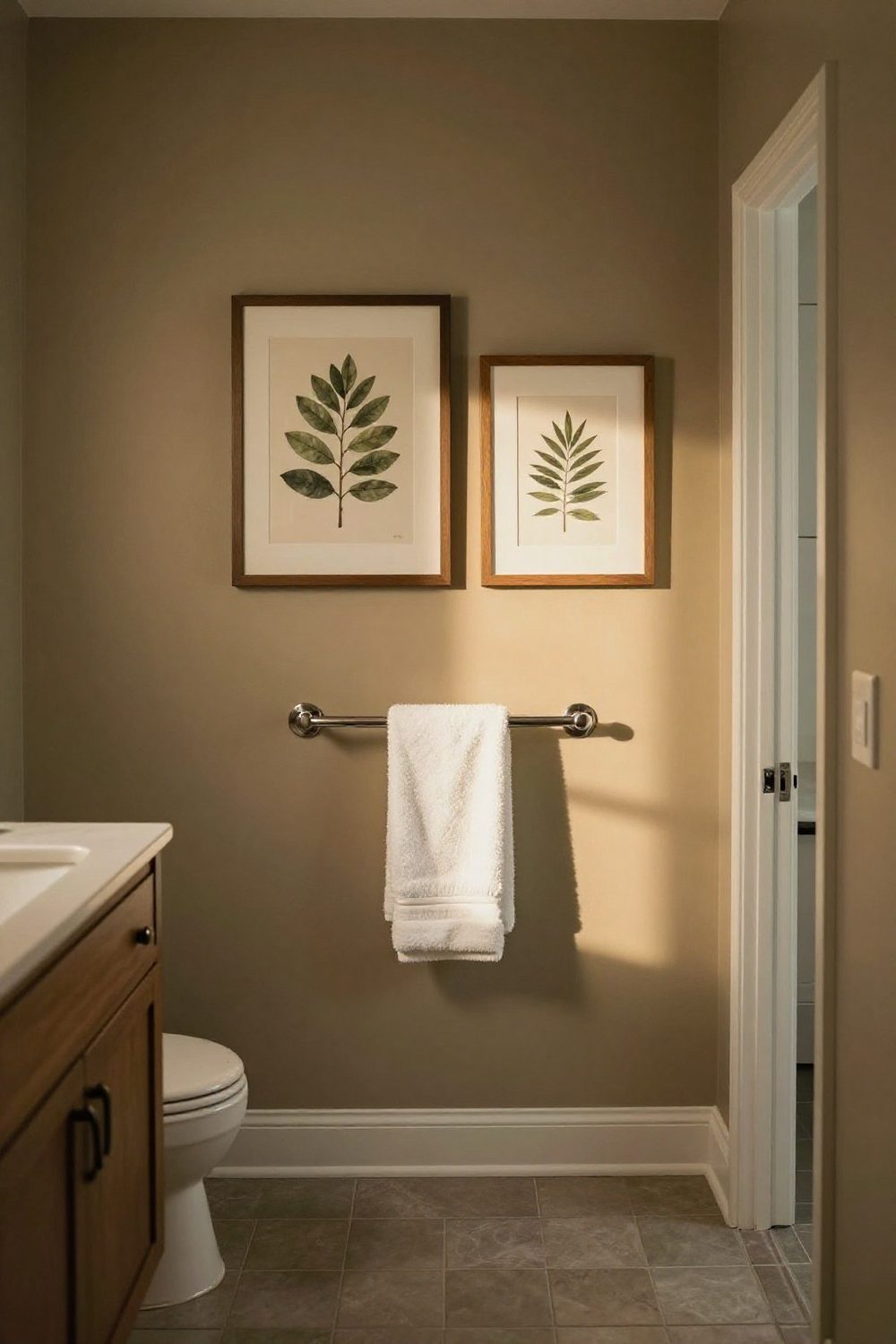 Bathroom wall with framed botanical prints above the towel bar