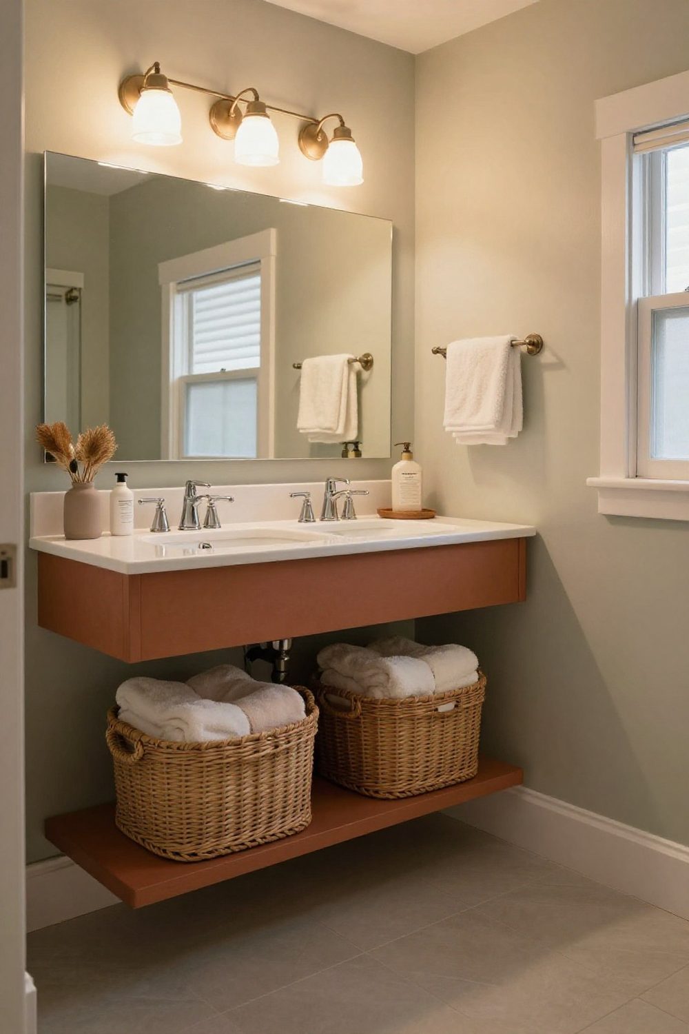 Woven baskets holding towels and toiletries under a floating bathroom vanity