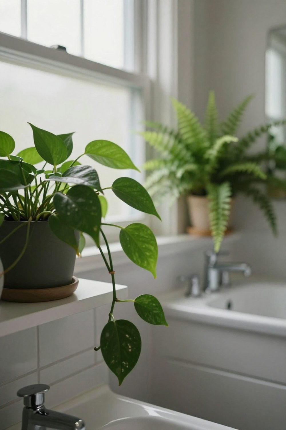 Bathroom with green plants: a pothos on a shelf and a fern near the window