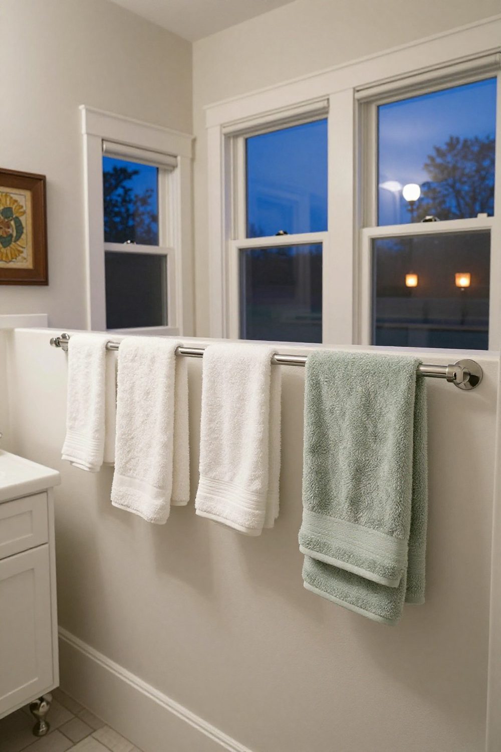 Coordinated white and sage towels hanging on a towel bar in a bathroom