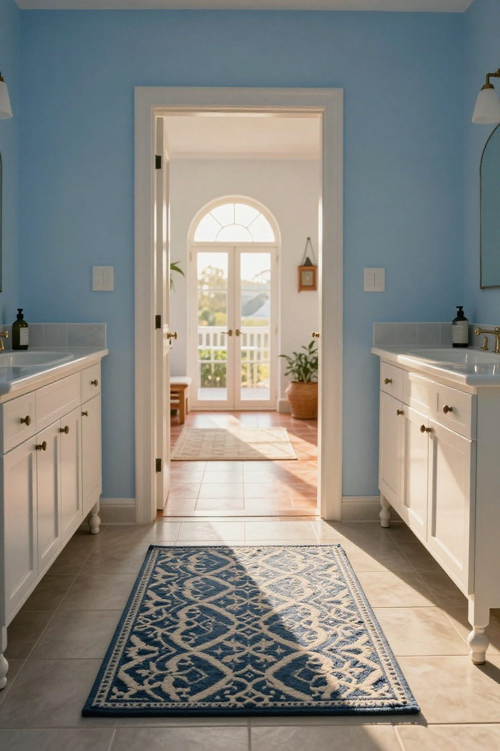 Patterned bath mat on a tile floor in a bright bathroom