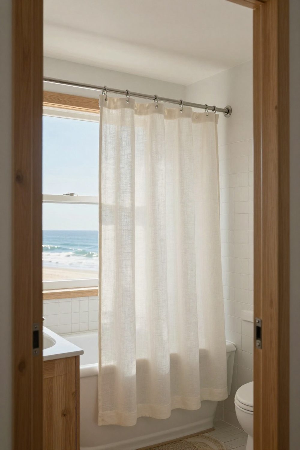 Linen shower curtain hung high near the ceiling in a small bathroom