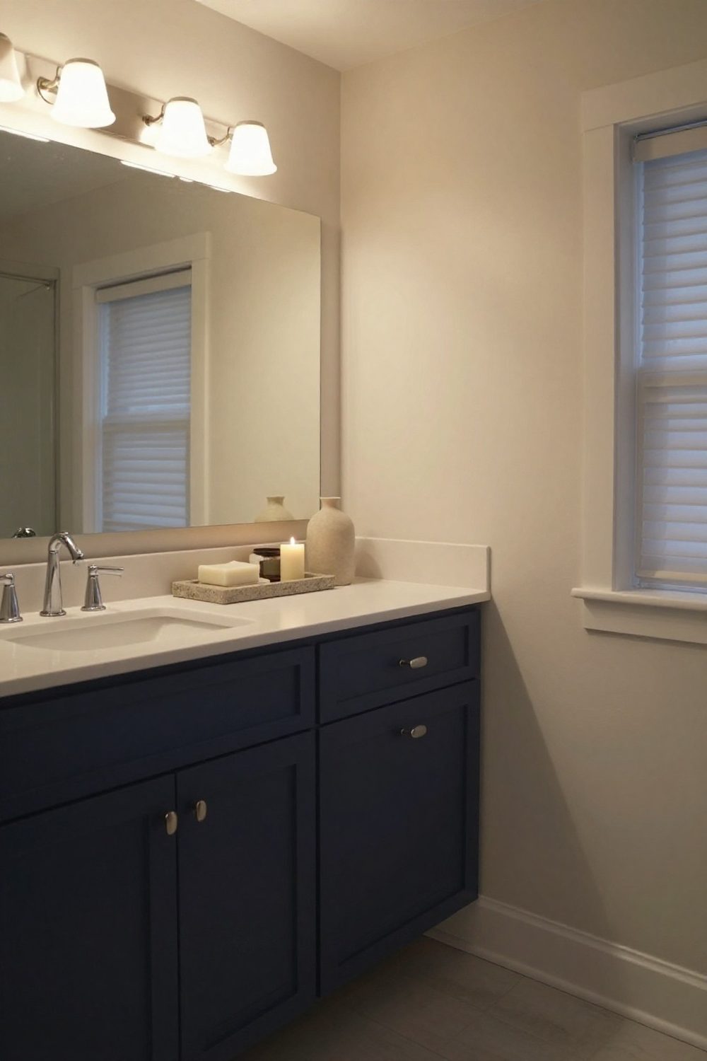 Vanity counter with a stone tray holding soap, a candle and a small vase