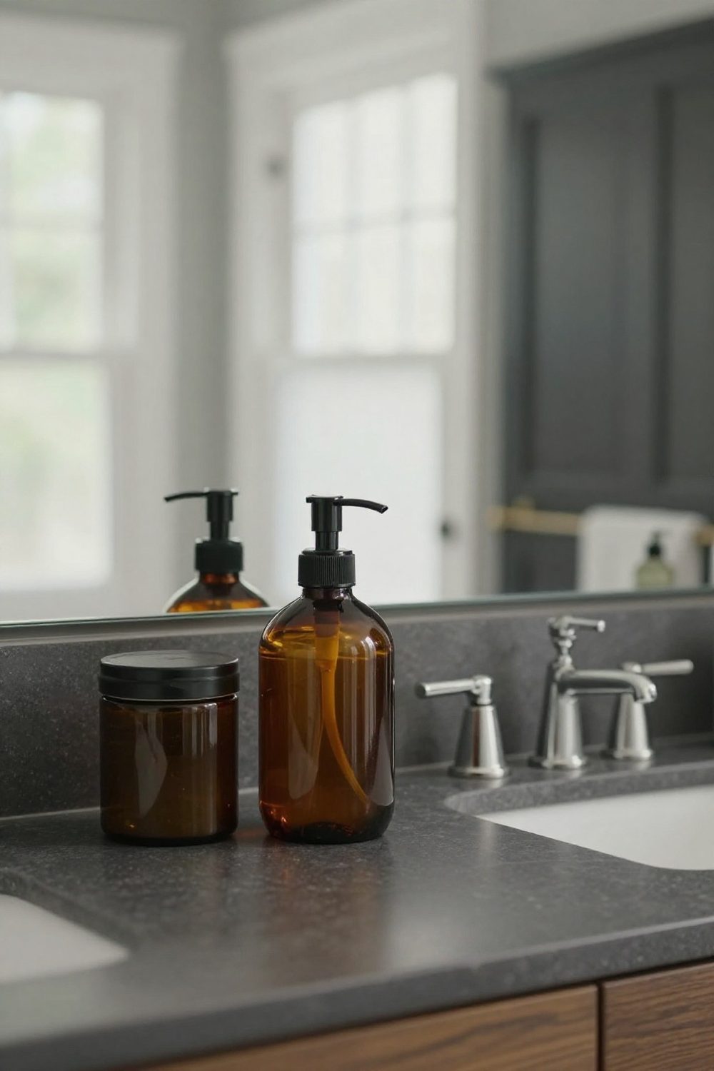 Matching amber glass soap dispensers and canisters on a bathroom counter