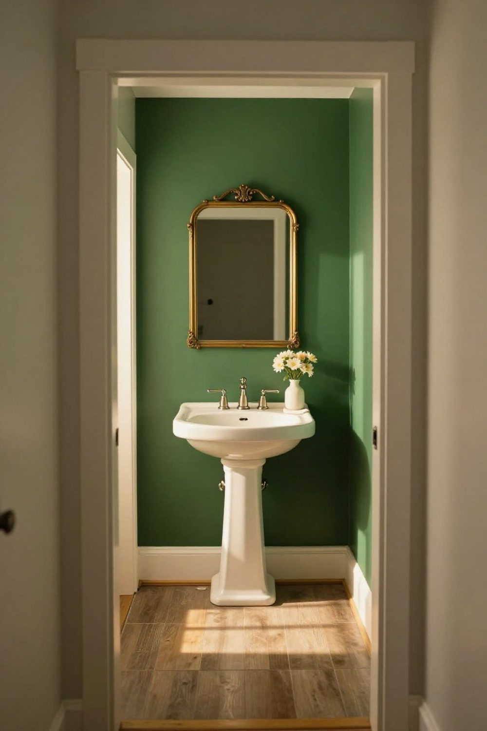Powder room painted in a deep green color with a brass mirror