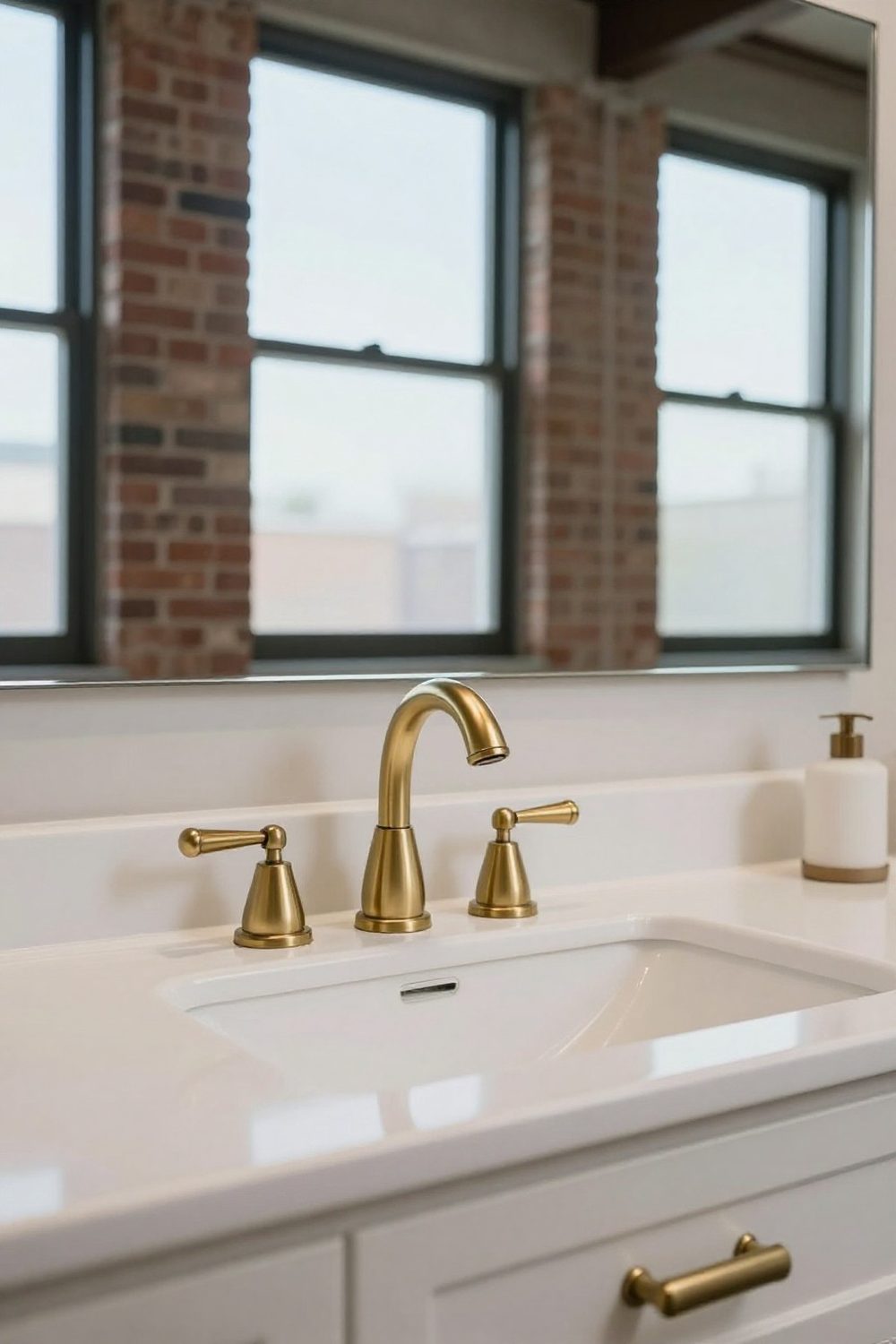 Brushed brass faucet and cabinet hardware on a white bathroom vanity