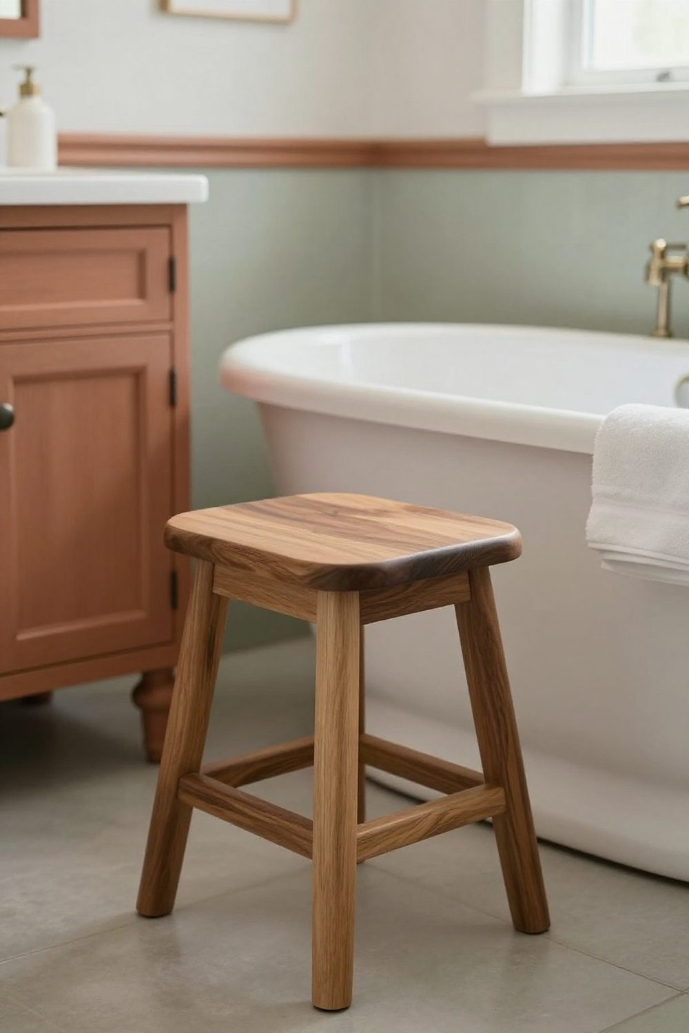 Teak bath stool beside a freestanding bathtub with a folded towel