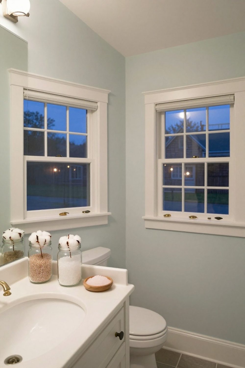 Glass jars with cotton balls and bath salts on an open bathroom shelf