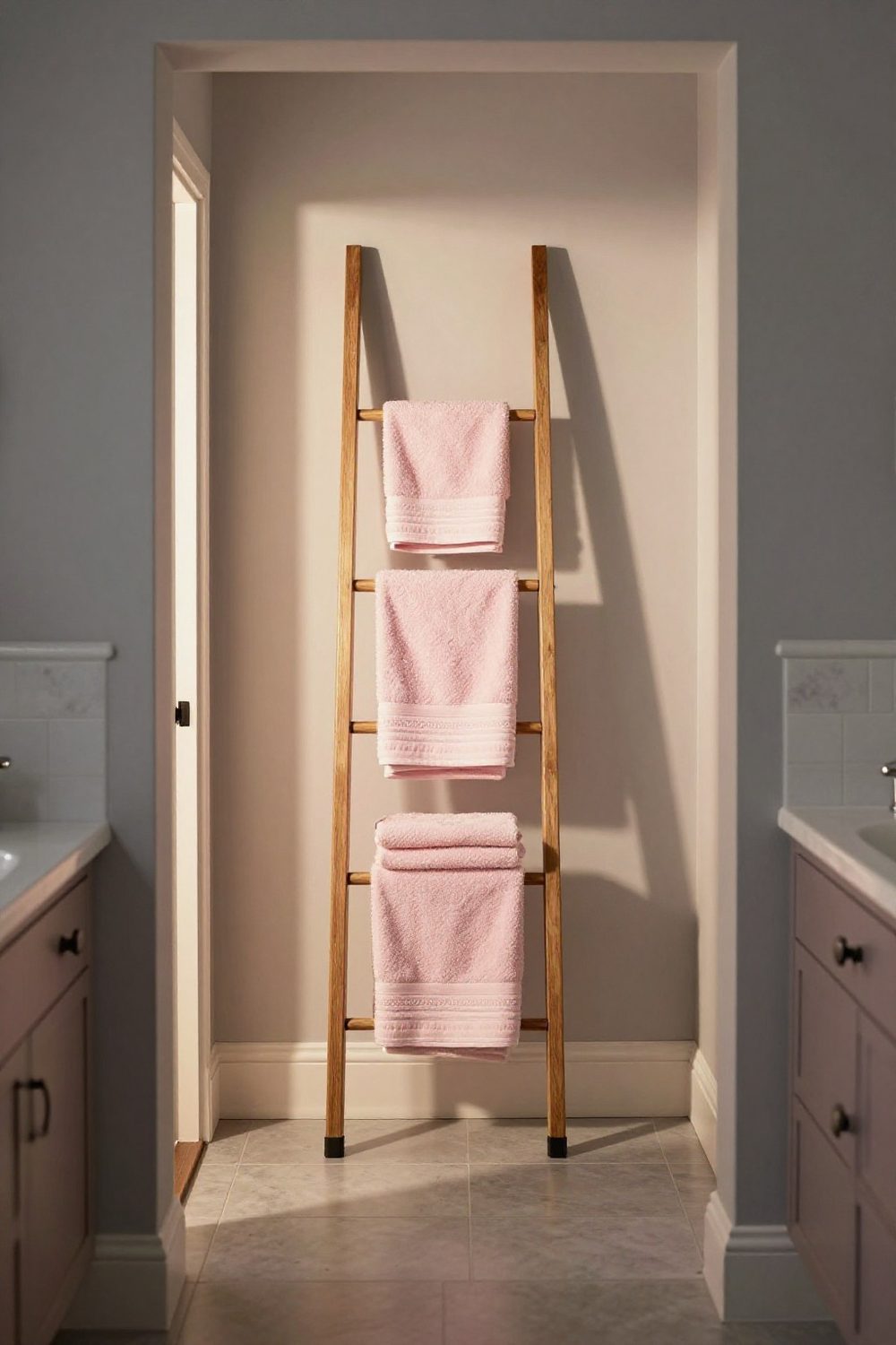 Ladder towel rack leaning against a bathroom wall with folded towels