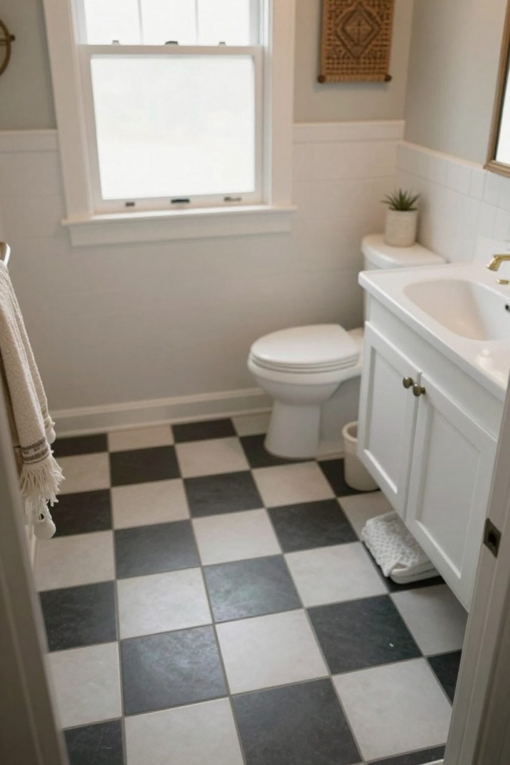 Black and white checkered floor tile in a bathroom with white fixtures