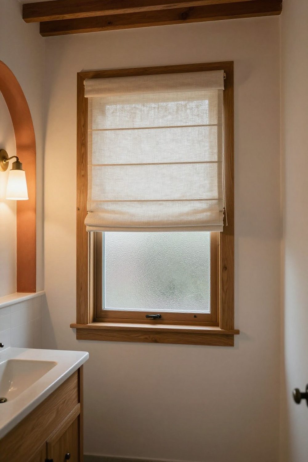 Bathroom window with frosted film and a simple linen roman shade