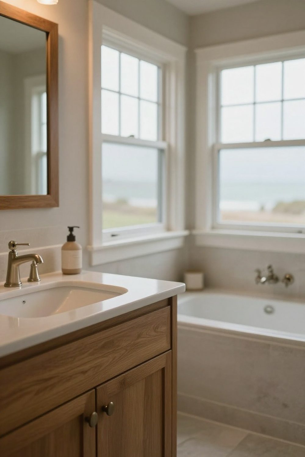 Spa-like bathroom with warm wood accents, neutral stone and soft lighting
