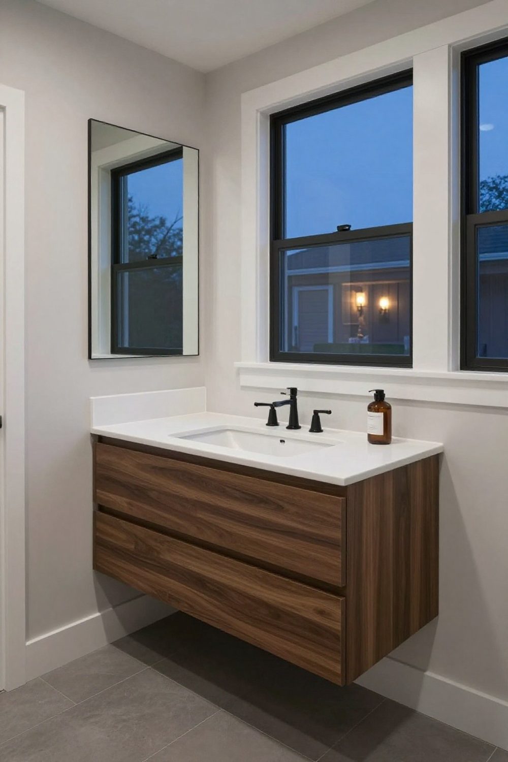 Small bathroom with a wall-mounted floating vanity showing floor space beneath