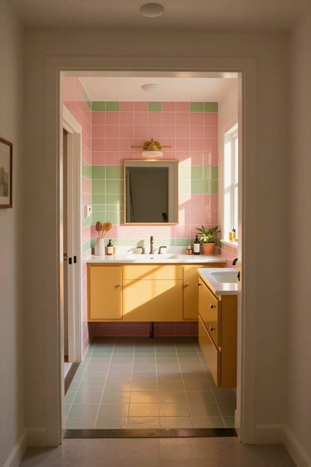 Colorful bathroom with pink tiles and green accents for a playful look