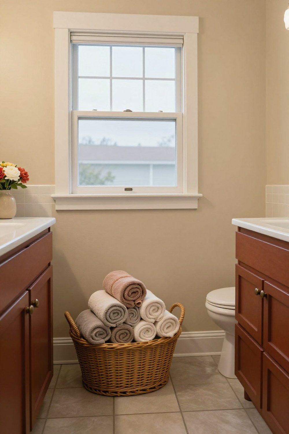 Guest bathroom with a basket of rolled hand towels and a small vase of flowers