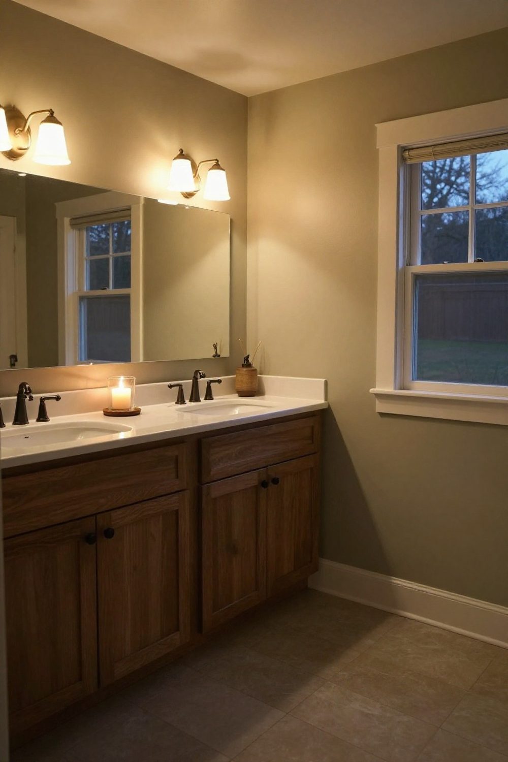 Bathroom at evening lit by warm dimmed light and a candle in a glass holder