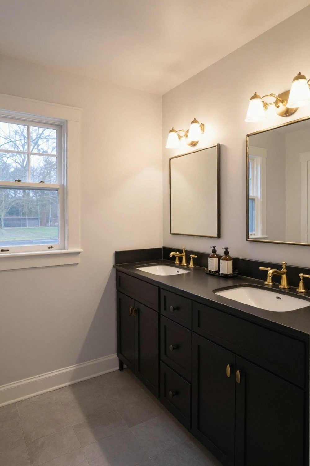 Black and gold bathroom with white walls, black vanity and brushed brass faucet