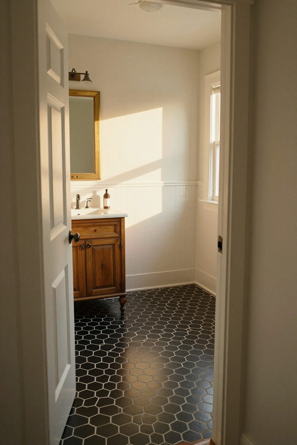 Black hexagon floor tile with white walls and gold mirror frame in a bathroom