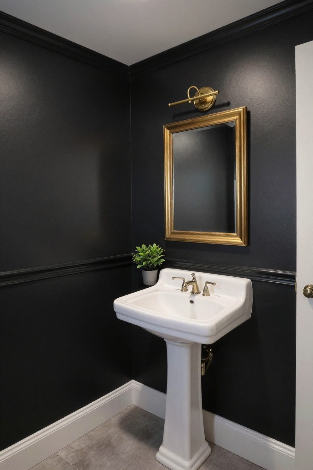Powder room with matte black walls and a brass sconce and mirror