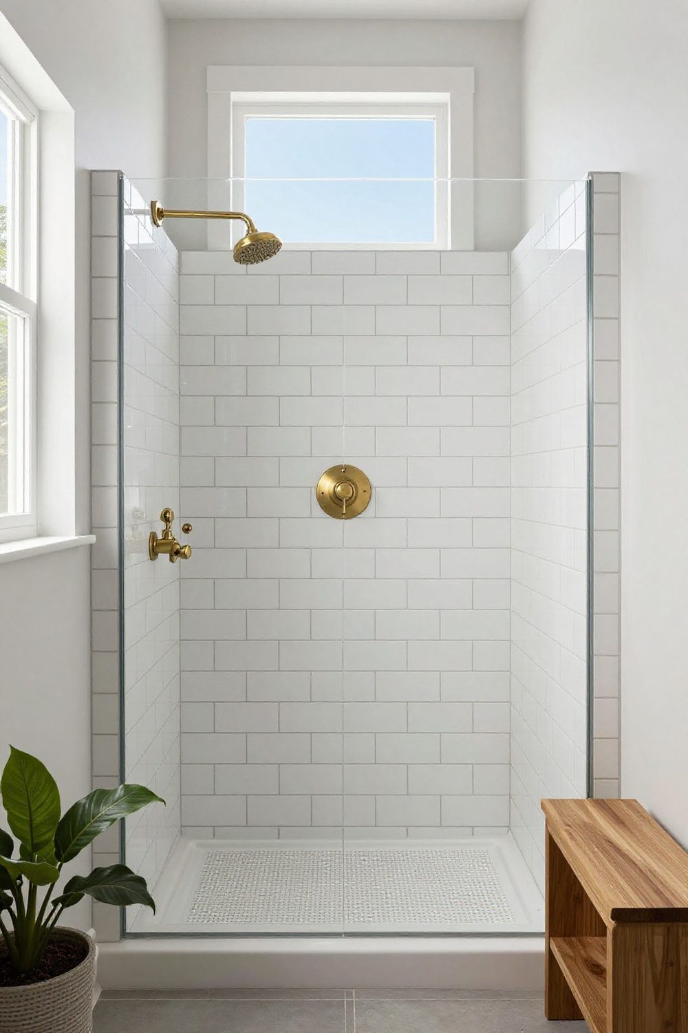 Brushed brass shower head and valve against white subway tile in a walk-in shower