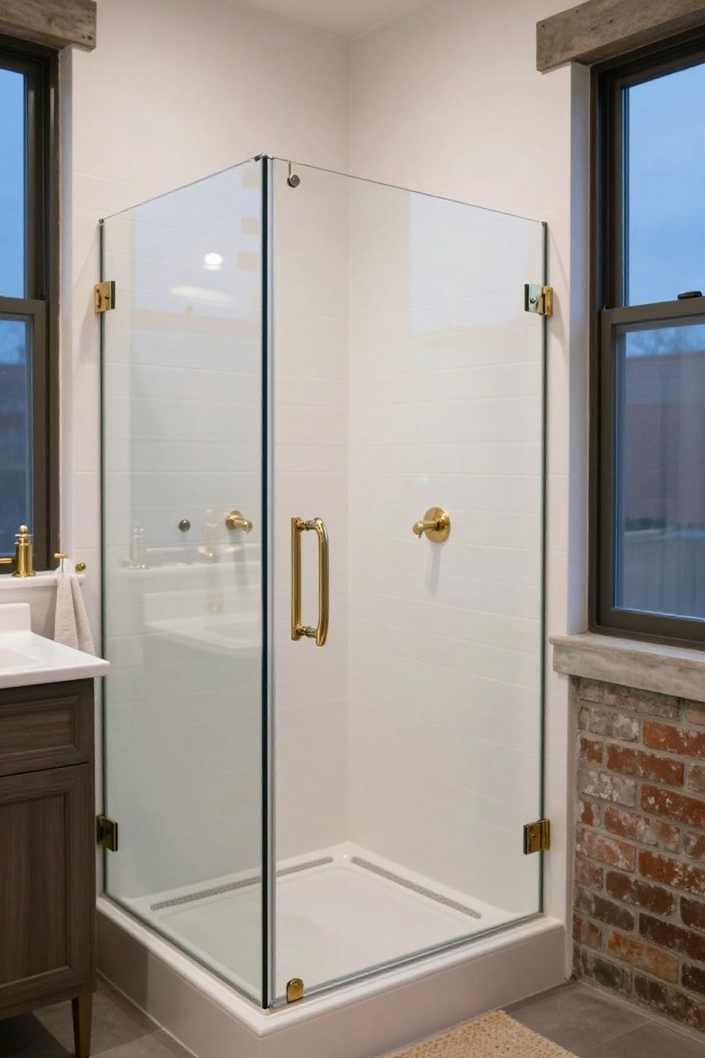 Corner shower enclosure with a thin brass frame and glass panels in a white bathroom