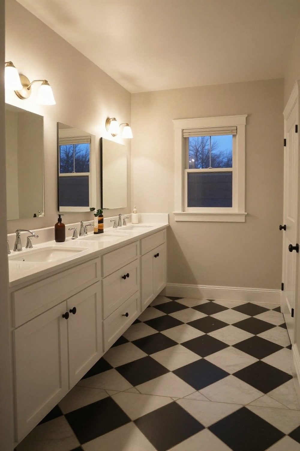 Classic black and white bathroom with checkerboard floor and white fixtures