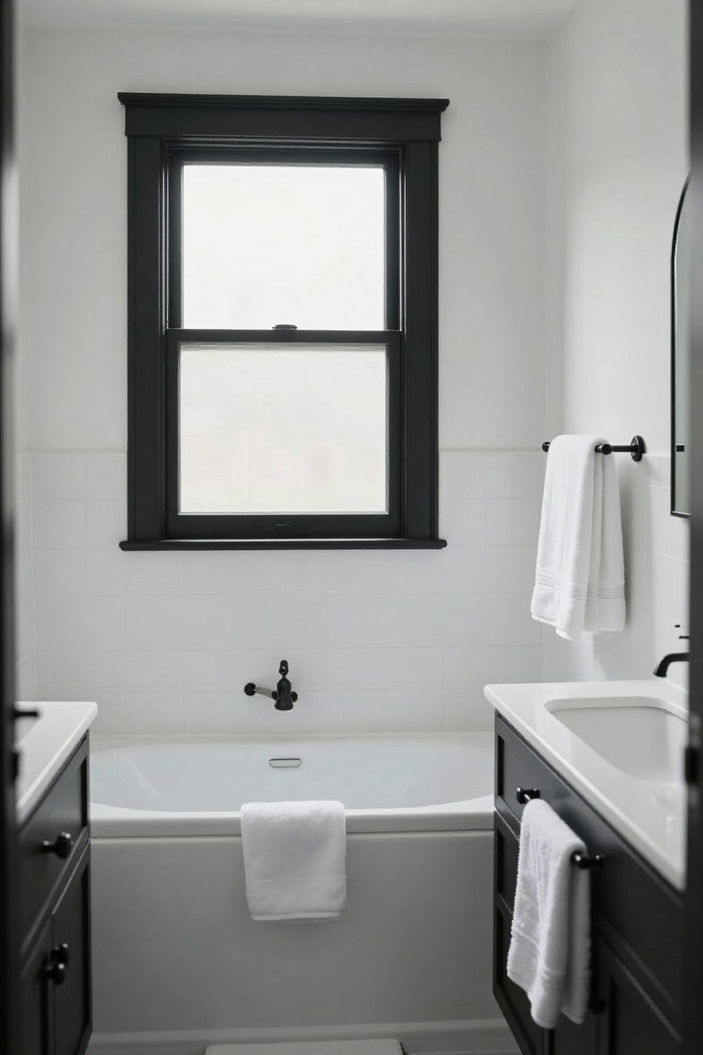 White bathroom with black window frame, black hardware and white towels