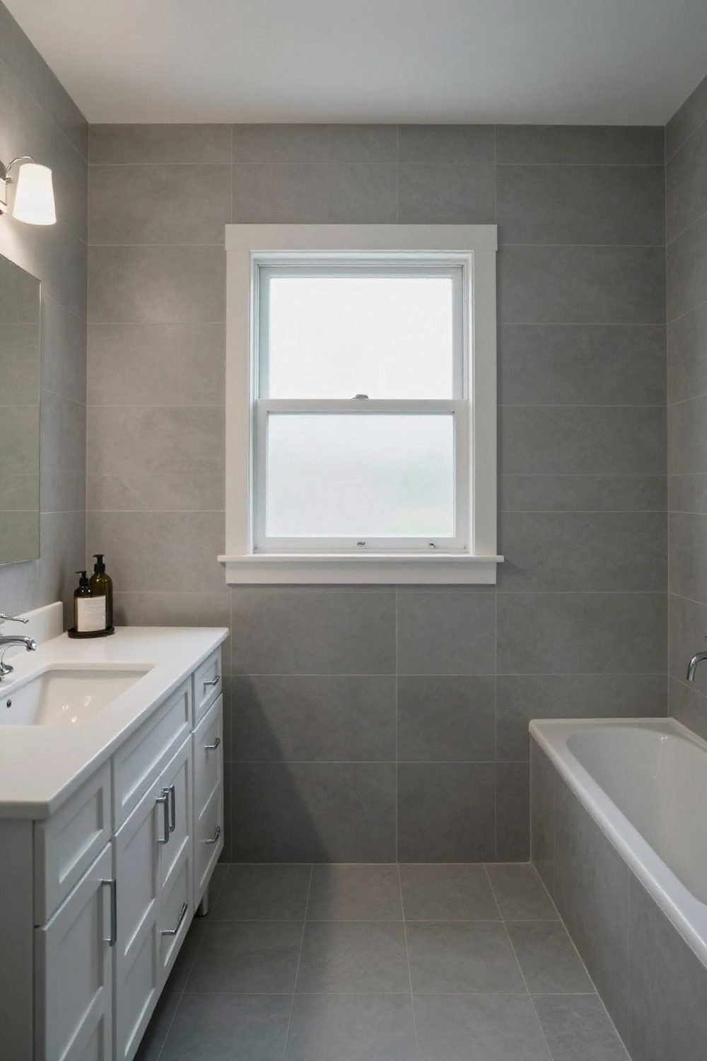 Soft grey bathroom with grey tile, white vanity and chrome fixtures