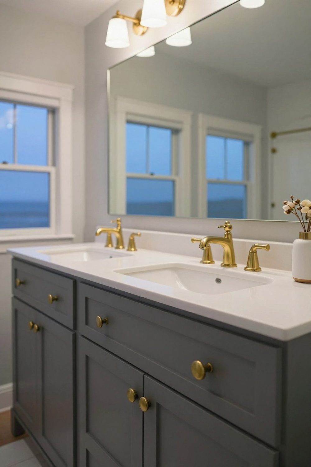 Charcoal grey bathroom vanity with brass hardware and light grey walls