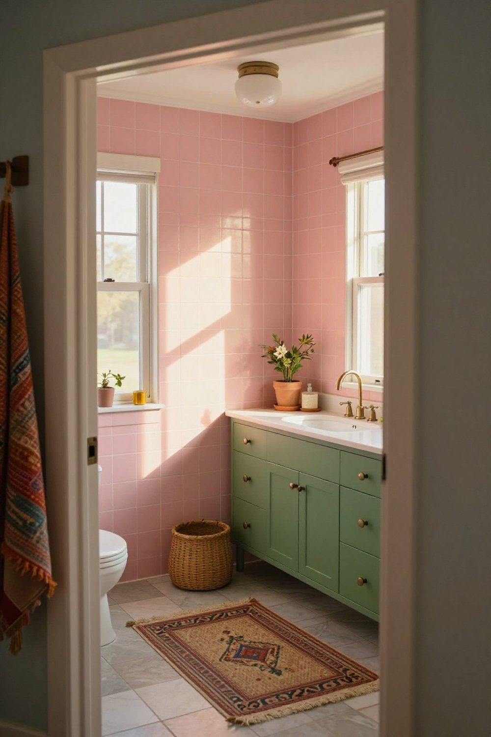 Colorful bathroom with pink wall tile and green vanity
