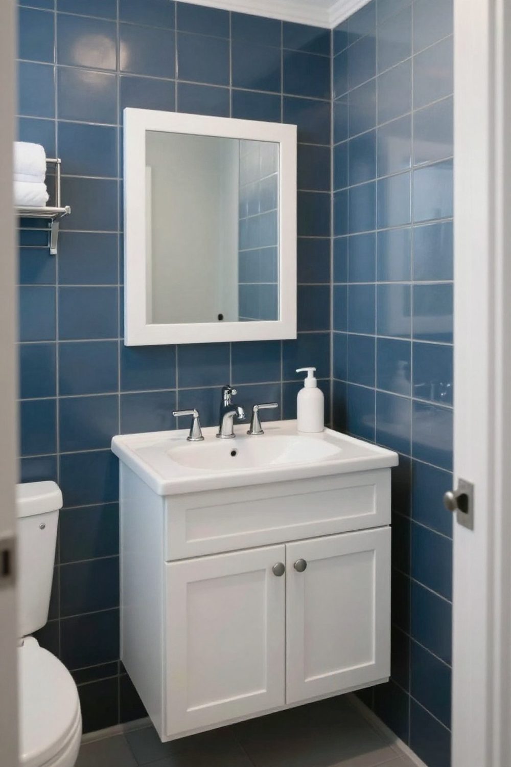 Bathroom with deep blue tile wall and white fixtures