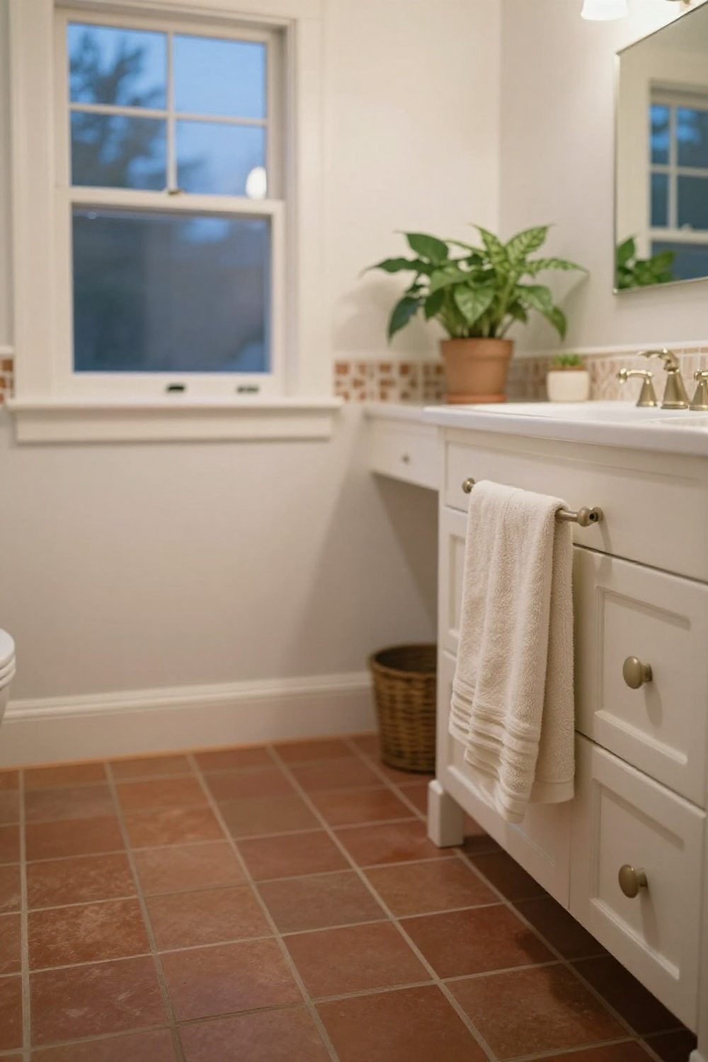 Terracotta colored bathroom tiles with white walls and plants