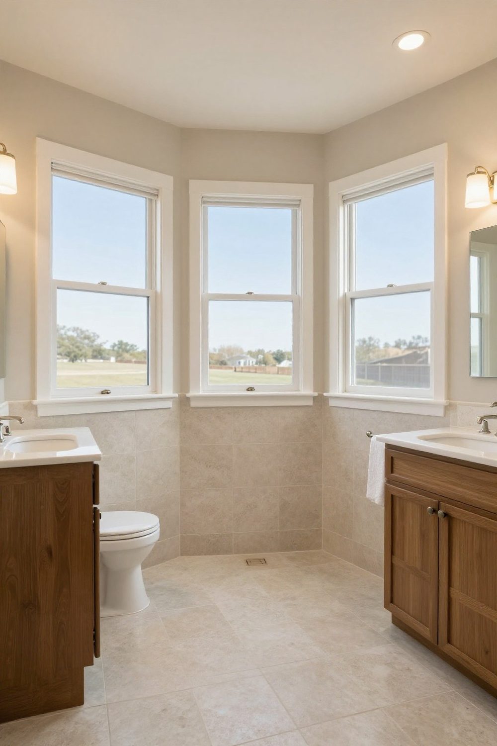 Neutral beige and cream bathroom with travertine tile
