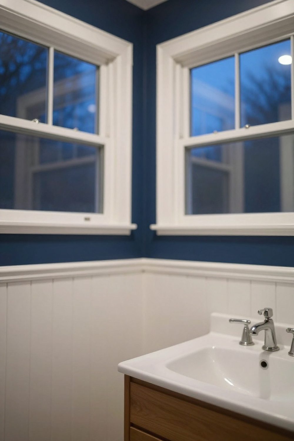 Bathroom with navy walls and white wainscoting