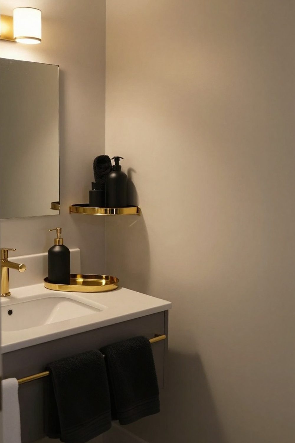 Black and gold bathroom accessories: black soap dispenser, gold tray and black towels