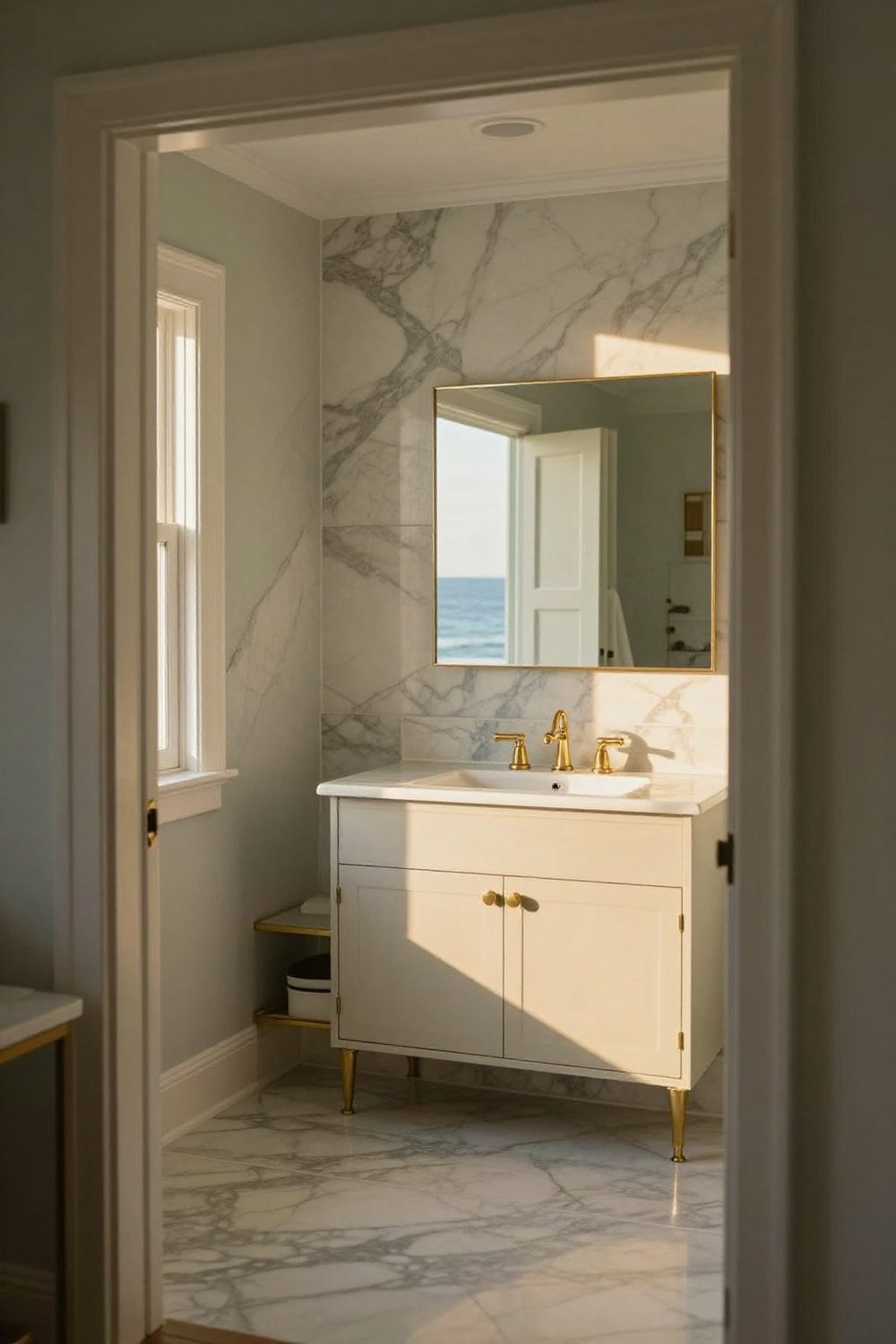 Marble bathroom with white and grey veining and gold fixtures