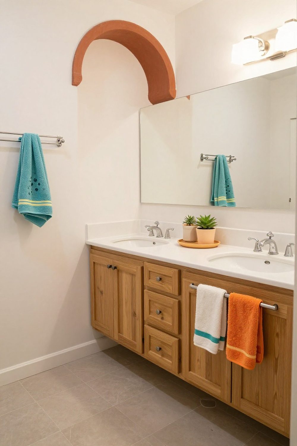 Kids bathroom in bright colors with playful towels and accessories
