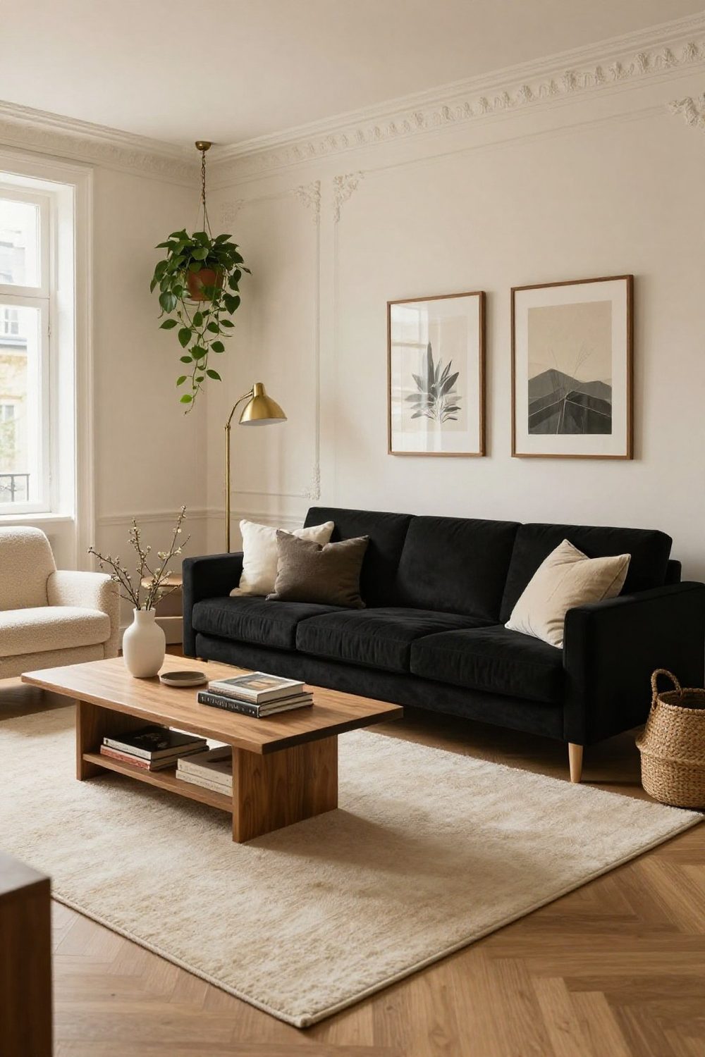 Black couch on a large cream rug in a living room with white walls and warm wood furniture