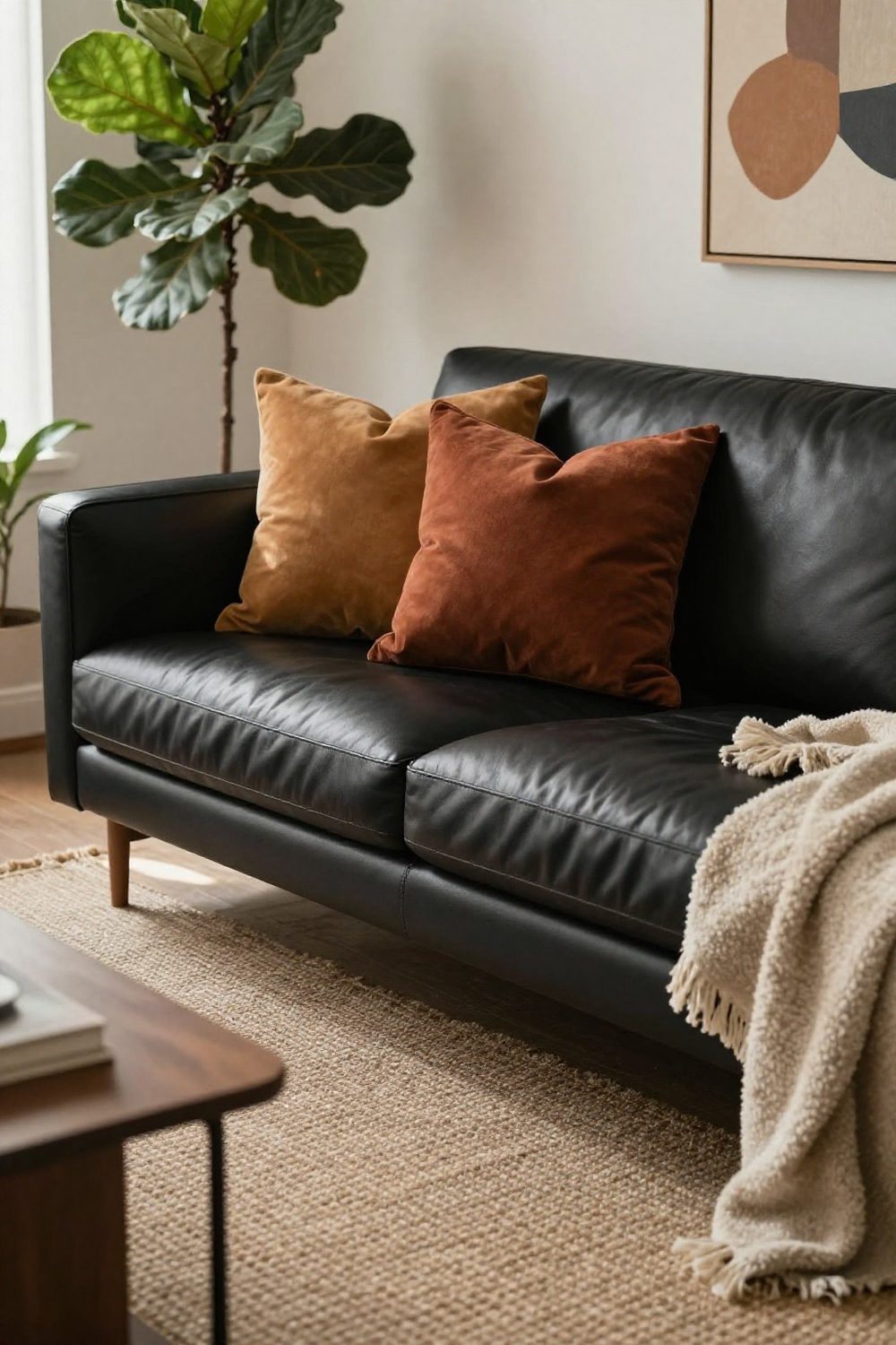 Black leather sofa with cognac and rust colored pillows and a wool throw
