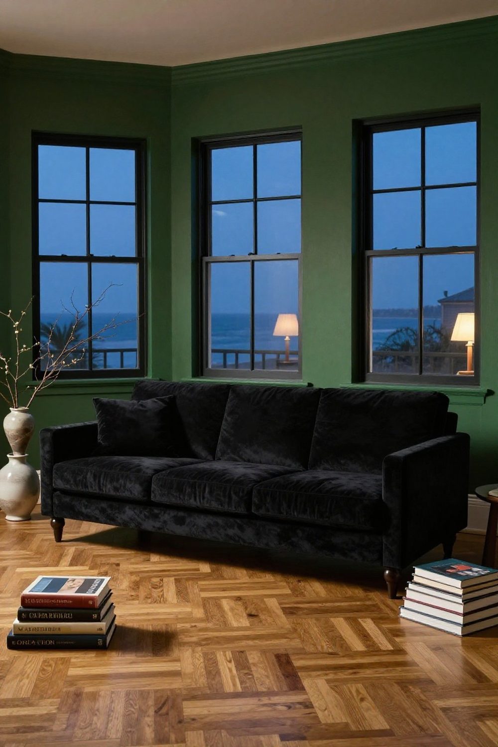 Black velvet sofa against a deep green painted wall in a moody living room