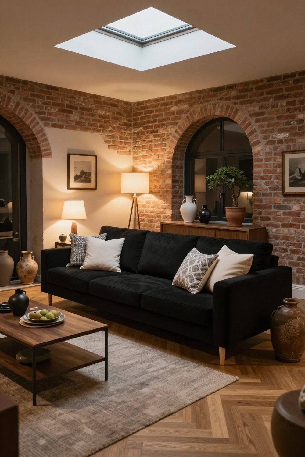 Black couch with white and grey patterned pillows in a Scandinavian living room