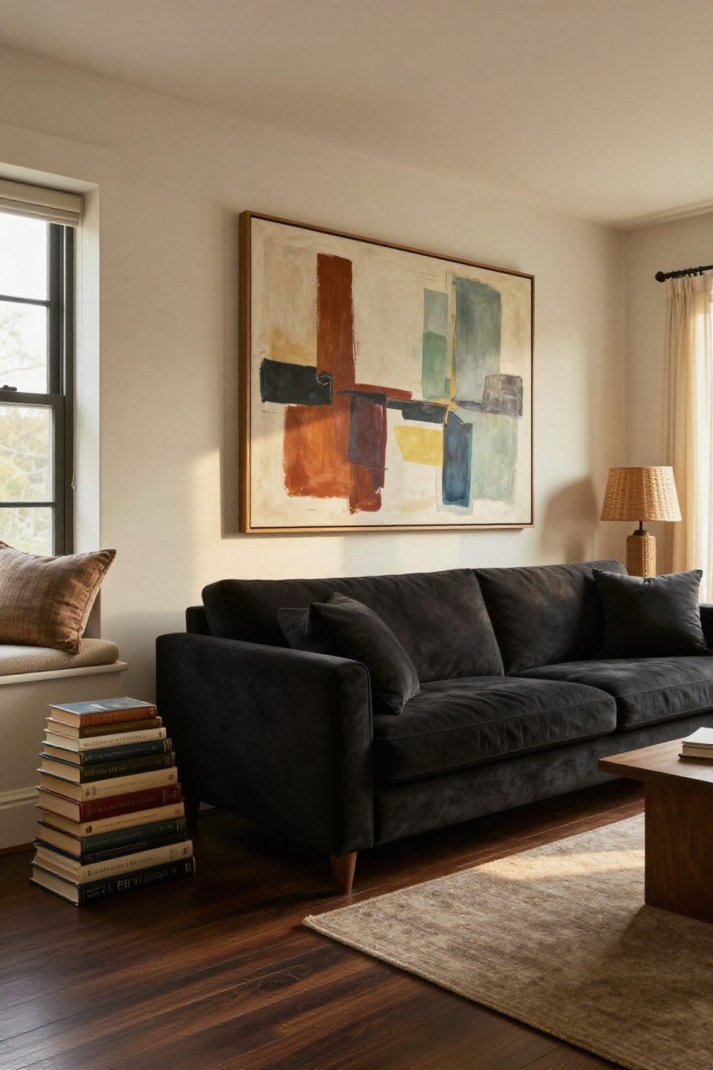 Large abstract art in warm colors hung above a black sofa