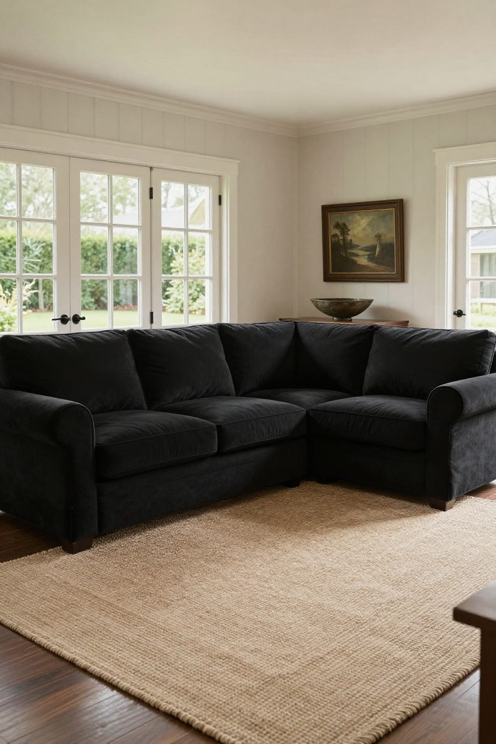 Black sectional sofa in an open living room with a light jute rug and natural textures