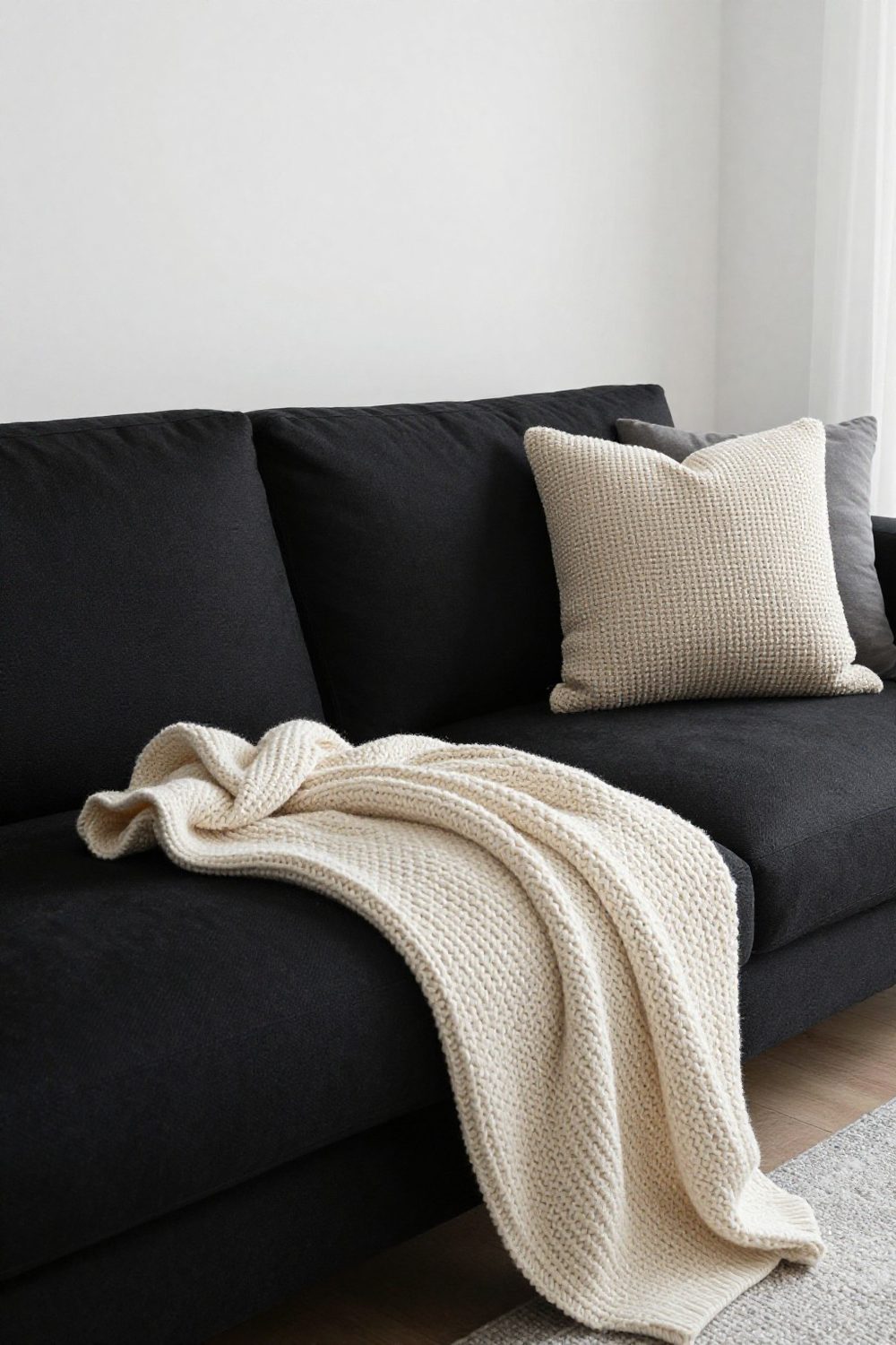 Black couch with a chunky cream knit throw and boucle pillows close-up