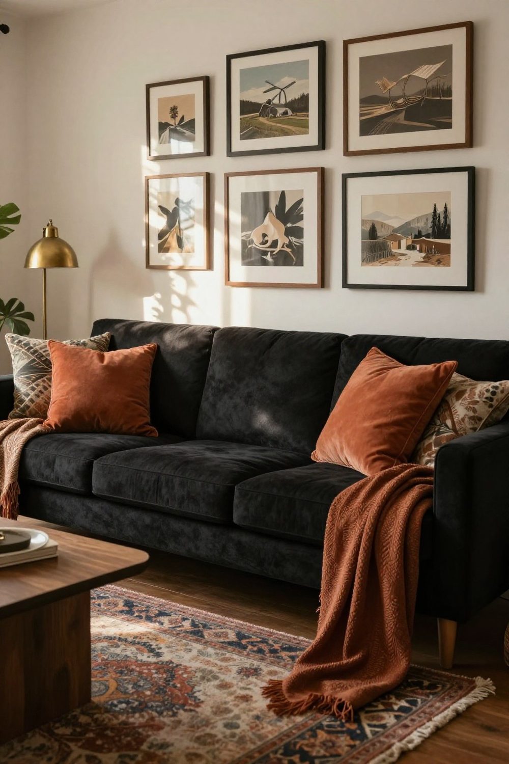 Living room with black sofa and terracotta and rust accents, warm boho style