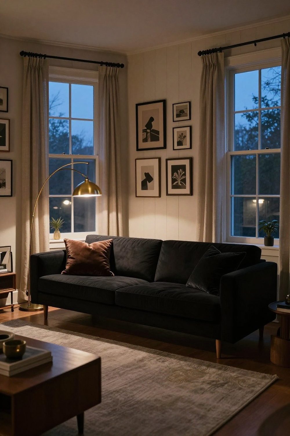 Black sofa with a brass floor lamp arching over it in the evening