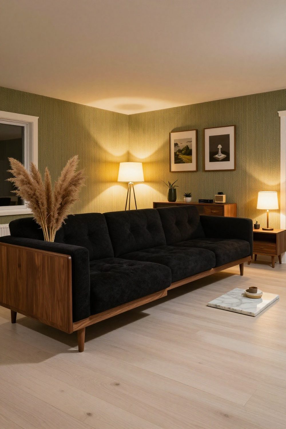 Mid-century modern living room with a black tufted sofa and walnut furniture